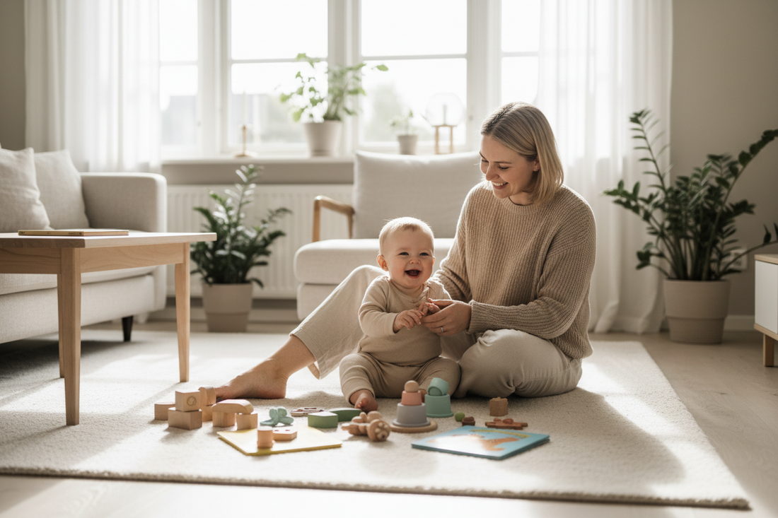 Parent playing with baby using screen-free toys and books.