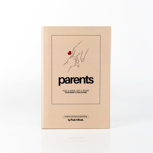 Peek-A-Book book with hidden smartphone holder for reducing baby screen exposure
