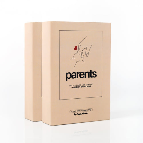 Peek-A-Book book with hidden smartphone holder for reducing baby screen exposure